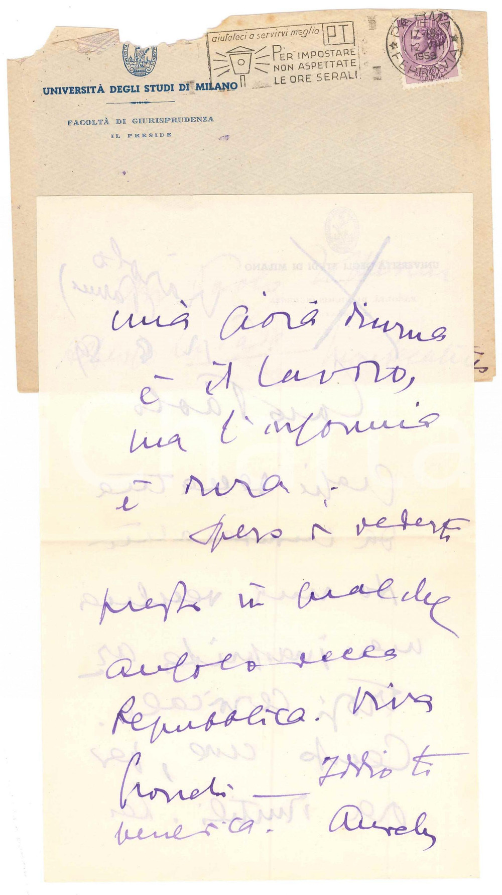 Autografo originale 1959 VIAROLO / PARMA Aurelio CANDIAN  Lettera a un collega Autografo 1