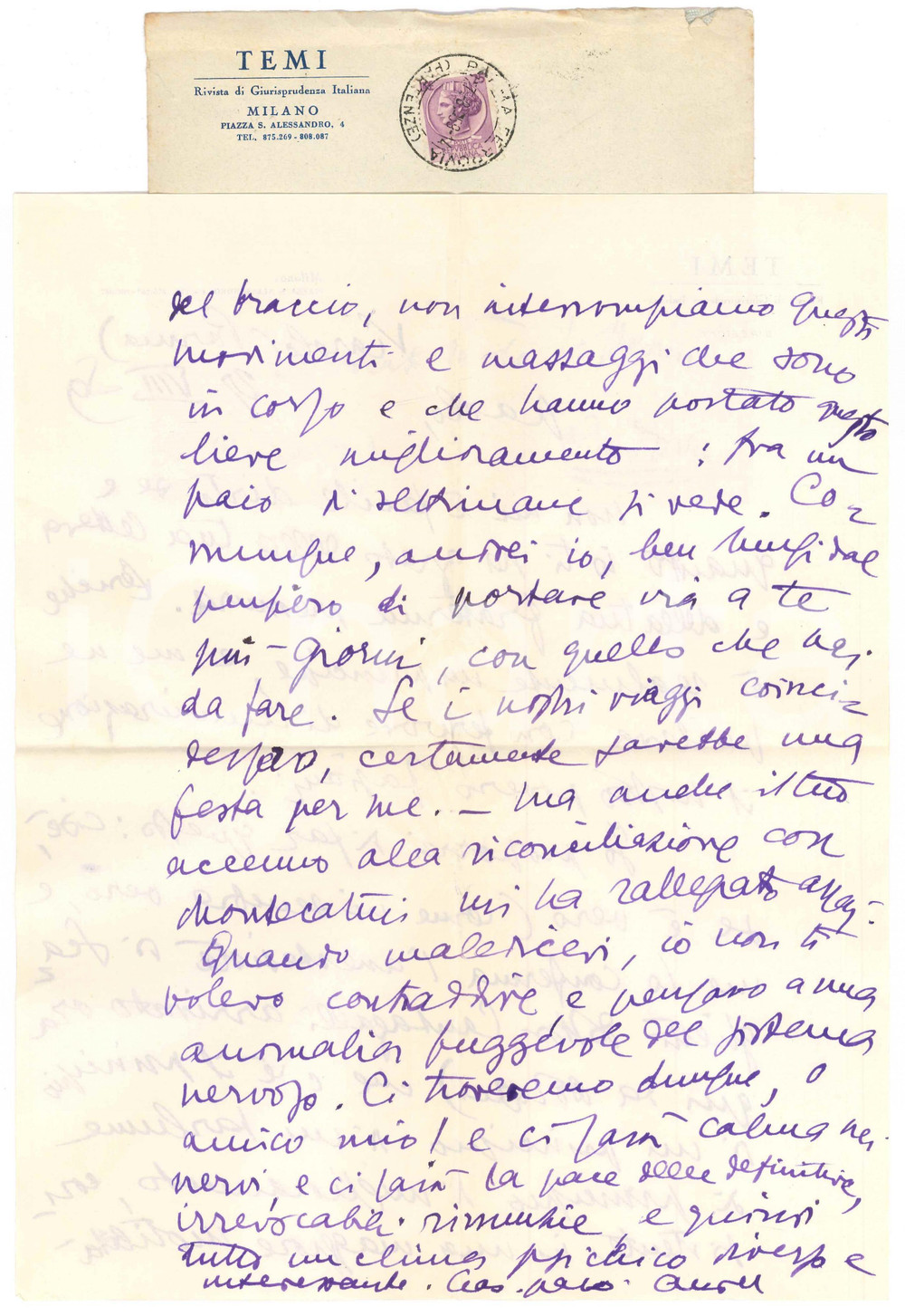 1959 VIAROLO / PARMA Aurelio CANDIAN - Lettera a un amico ^Autografo Lettera interamente autografa, di contenuto personale.Su carta intestata "Temi - Rivista di Giurisprudenza Italiana".Busta viaggiata.PAGINE: 1 (2 facciate) FAIR/discreto piegature d'epoca  originale e autentica 1