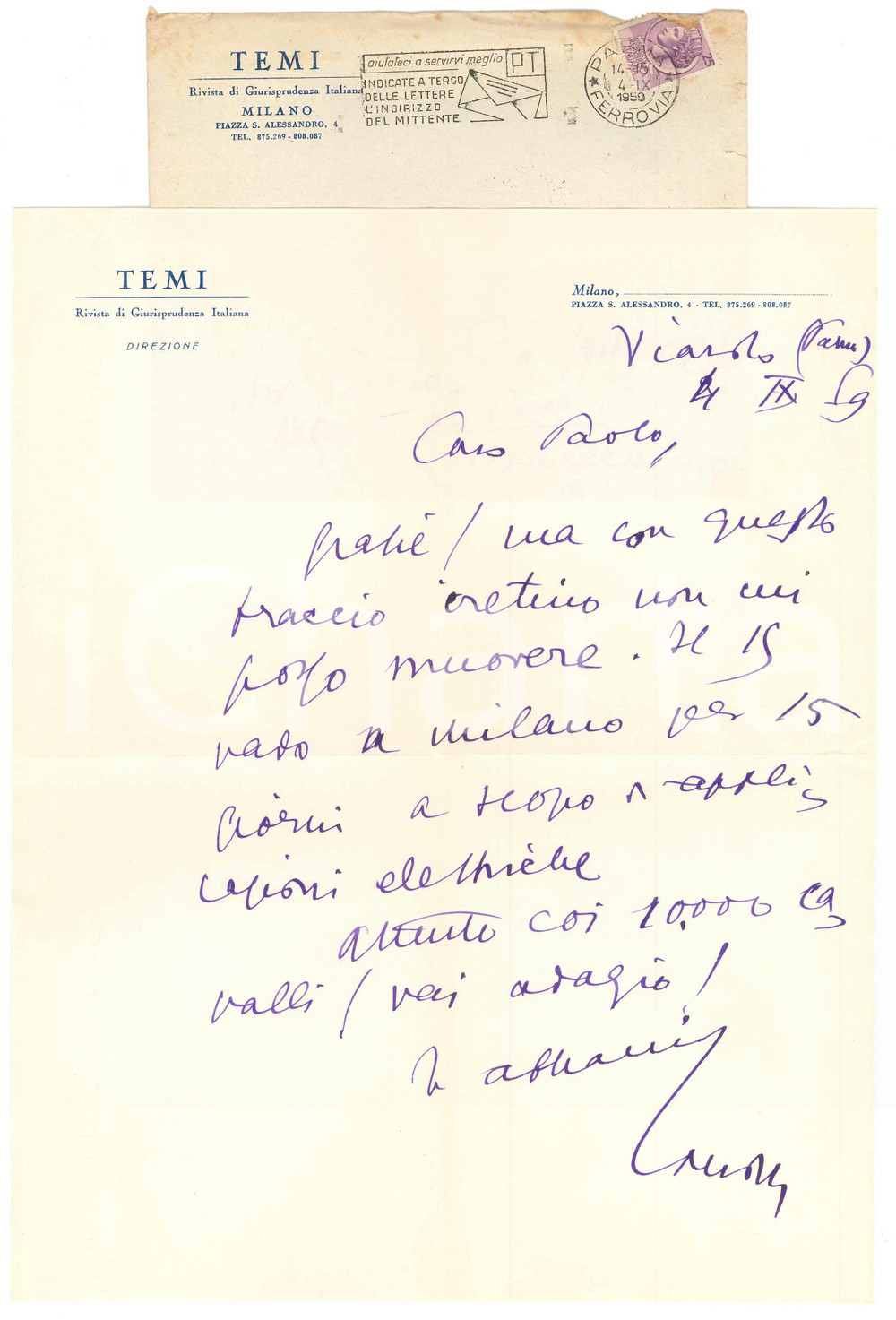 Autografo originale 1959 VIAROLO / PARMA Aurelio CANDIAN  Lettera a un amico  Autografo 1