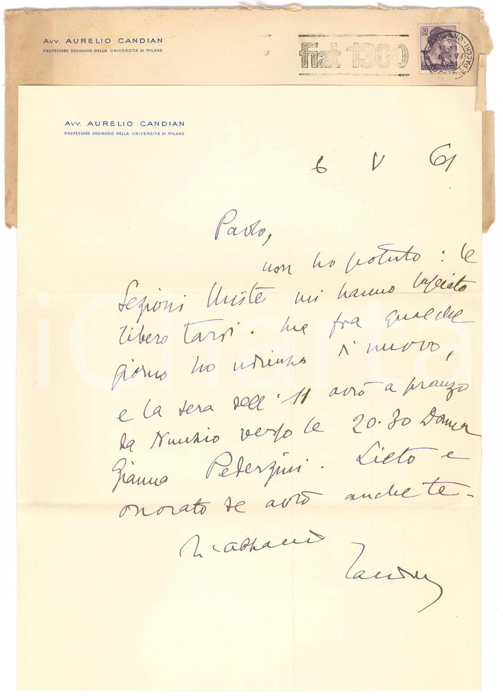 Autografo originale 1961 MODENA Aurelio CANDIAN  Lettera a un amico  Autografo 1