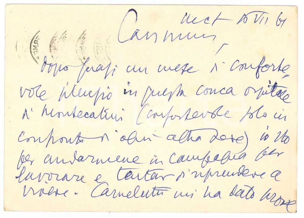 1961 MONTECATINI TERME Aurelio CANDIAN e l'amicizia di Carnelutti ^Autografo Cartolina postale interamente autografa, scritta su entrambe le facciate, viaggiata. FAIR/discreto piegature angolari Formato: 15x10 cm originale e autentica 1