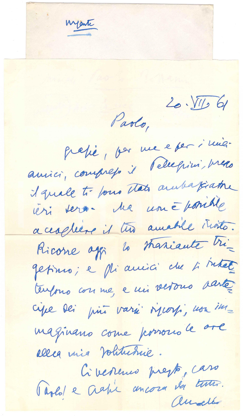 Autografo originale 1961 VIAROLO / PARMA Lettera Aurelio CANDIAN in un anniversario  Autografo 1