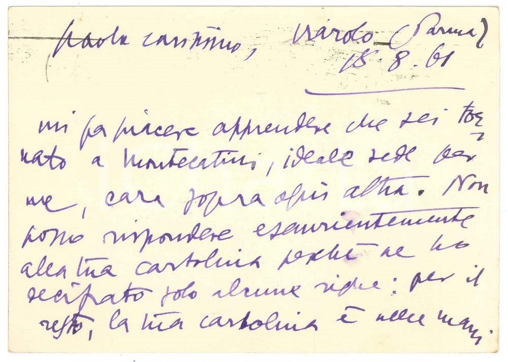 Autografo originale 1961 VIAROLO / PARMA Cartolina Aurelio CANDIAN a un amico  Autografo 1