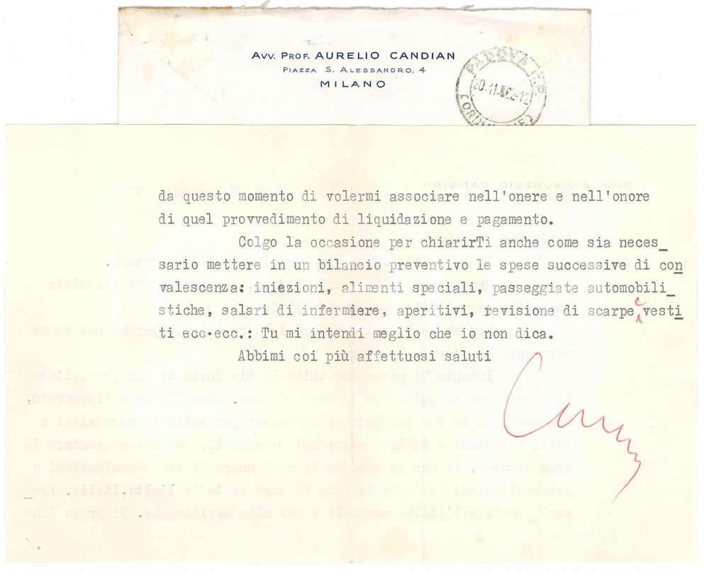 Autografo originale 1962 MILANO Lettera Aurelio CANDIAN a un collega e amico Autografo 1