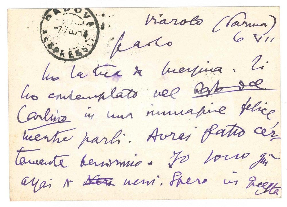 Autografo originale 1963 VIAROLO / PARMA Cartolina Aurelio CANDIAN a un amico  Autografo 1