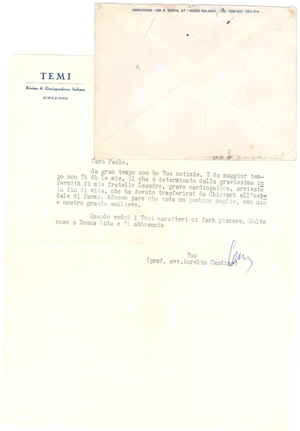 Autografo originale 1968 MILANO Lettera Aurelio CANDIAN a un collega e amico Autografo 1