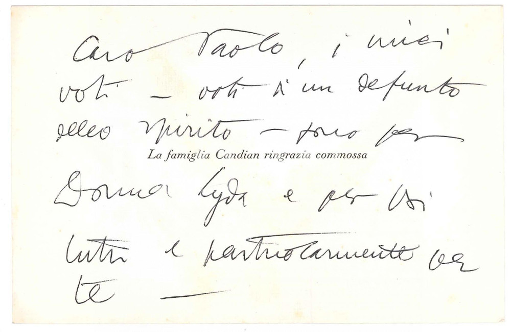 Autografo originale 1960 ca Aurelio CANDIAN  Biglietto ringraziamento per condoglianze  Autografo 1