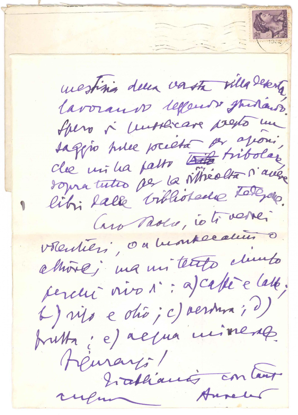 Autografo originale 1962 VIAROLO / PARMA Lettera Aurelio CANDIAN a un collega Autografo 1