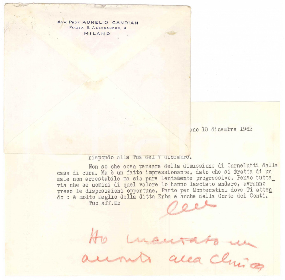 Autografo originale 1962 MILANO Lettera Aurelio CANDIAN a un amico  Autografo 1