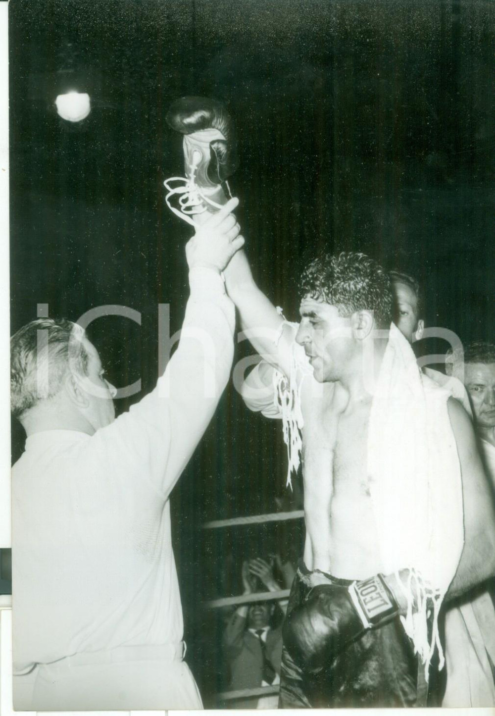 Fotografia d epoca originale 1955 ca BOLOGNA PUGILATO  Franco CAVICCHI vincitore di un match  Foto 13x18 1