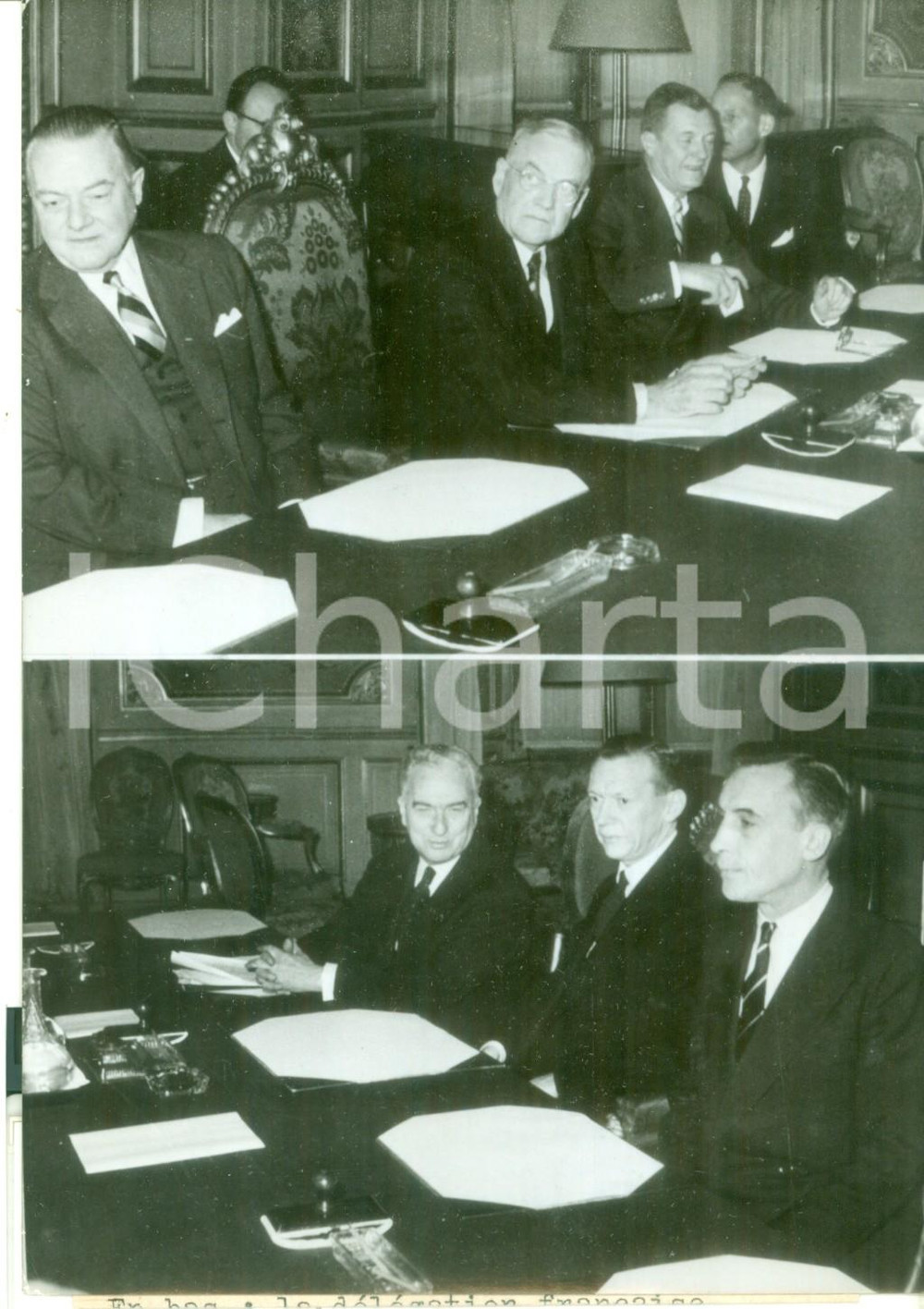 Fotografia d epoca originale 1959 PARIS John Foster DULLES e Maurice COUVE DE MURVILLE con le delegazioni 1