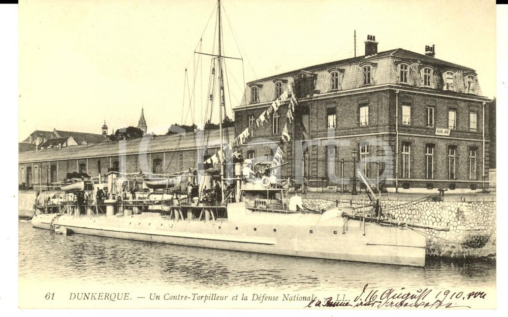 Cartolina originale da collezione 1910 DUNKERQUE Un contretorpilleur et la DÃ©fense Nationale  Carte postale 1