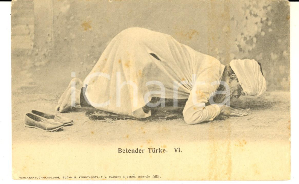 Cartolina originale da collezione 1900 ca COSTUMI TURCHIA Preghiera musulmana verso La Mecca  Cartolina VINTAGE 1