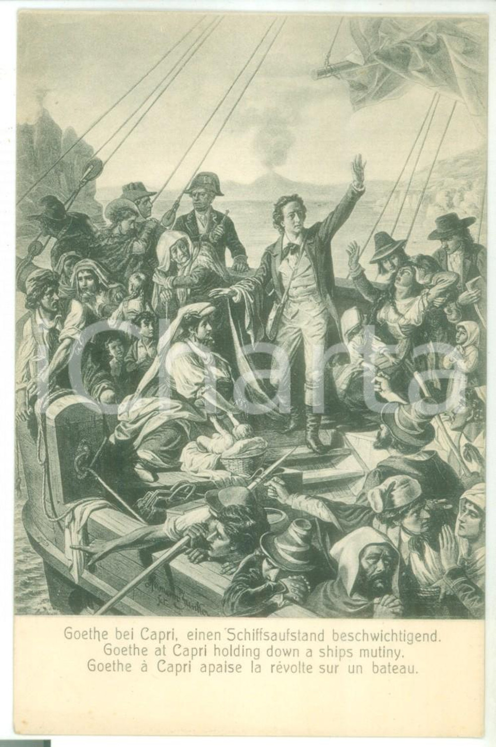 Cartolina originale da collezione 1910 ca ART Hermann JUNKER  GOETHE at Capri holding down a mutiny Postcard 1