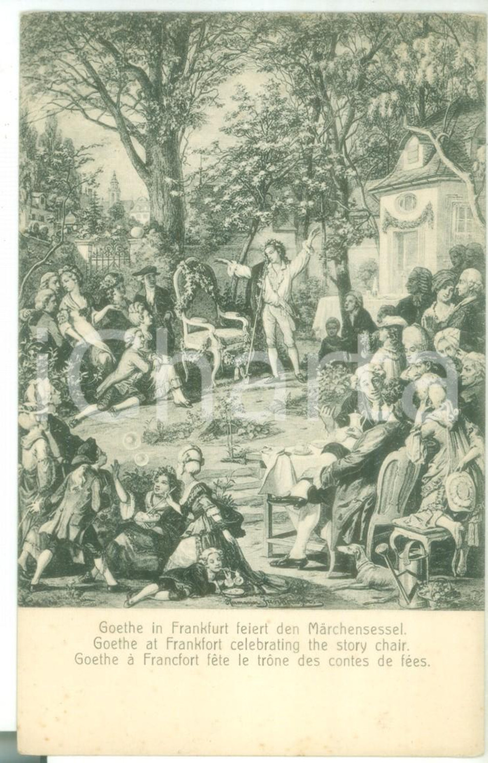 Cartolina originale da collezione 1910 ca ART Hermann JUNKER  GOETHE at Frankfort celebrating the chair POSTCARD 1
