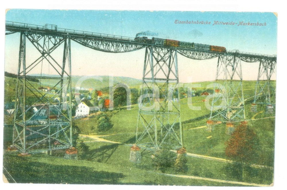 1910 ca GERMANIA FERROVIA Cavalcavia Mittweida-Markersbach *Cartolina  Cartolina postale d'epoca, non viaggiata.FORMATO: FP CONDIZIONI: FAIR (piegatura all'angolo inferiore sinistro e lievi abrasioni lungo i margini)  originale e autentica 1