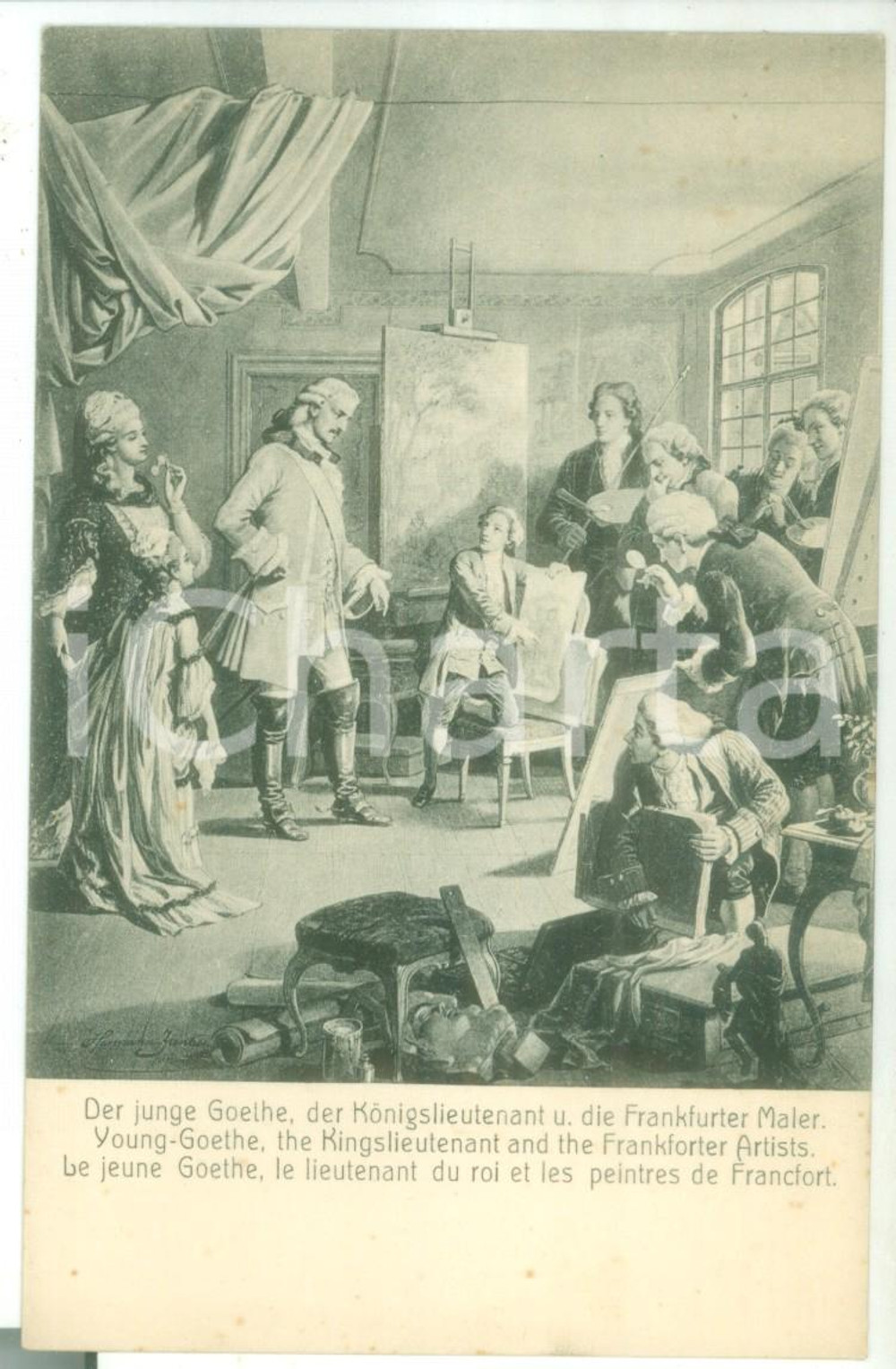 Cartolina originale da collezione 1910 ca ART Hermann JUNKER  Young GOETHE with Frankforter Artists Postcard 1