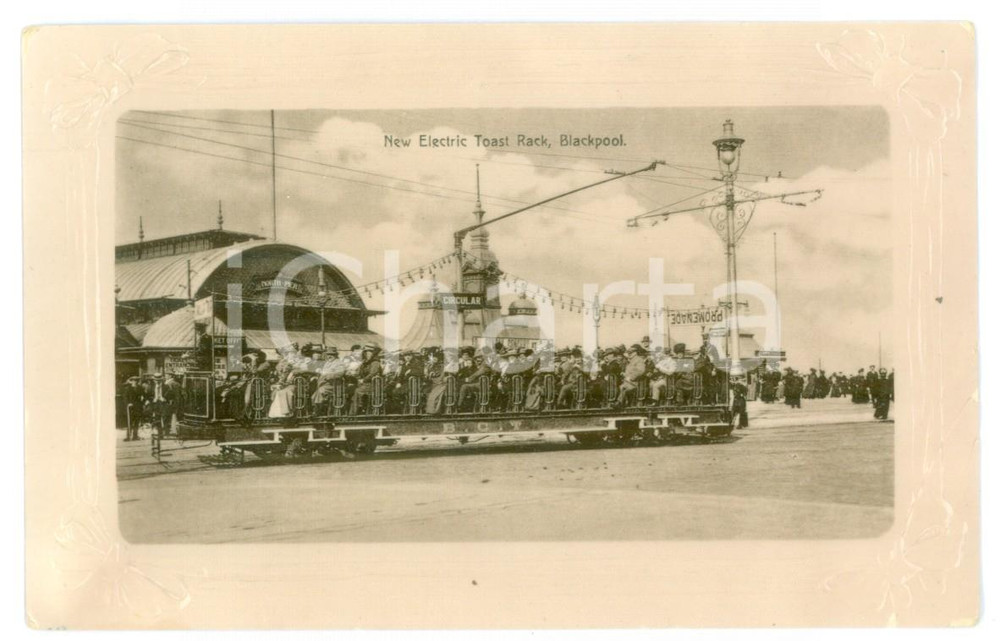 Cartolina originale da collezione 1915 ca BLACKPOOL UK New Electric Toast Rack  Postcard VINTAGE FP NV 1