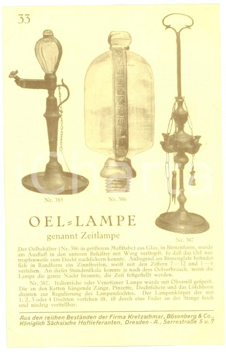Cartolina originale da collezione 1910 ca DRESDEN Kretzschmar & BÃ¶senberg  Oellampe Zeitlampe VINTAGE POSTCARD 1