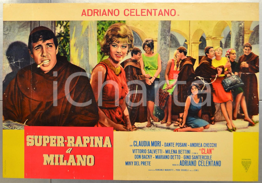 Materiale cinematografico d’epoca 1964 SUPER RAPINA A MILANO Adriano CELENTANO  Fotobusta DANNEGGIATA 66x46 cm 1