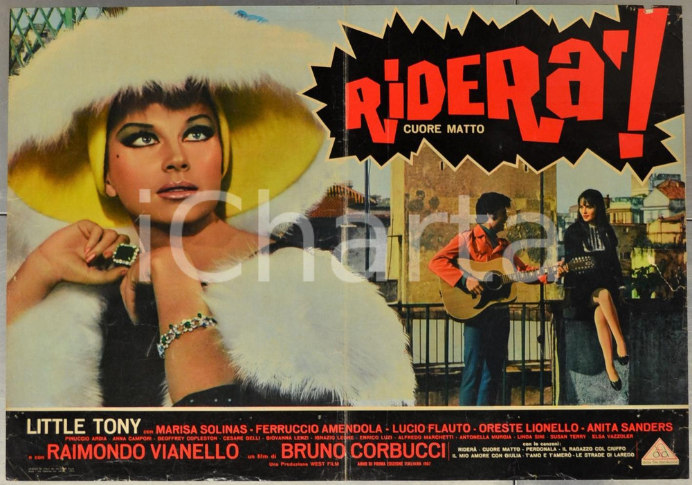 Materiale cinematografico d’epoca 1967 RIDERÃ€  CUORE MATTO Little Tony  Marisa SOLINAS  Fotobusta 66x46 cm 1
