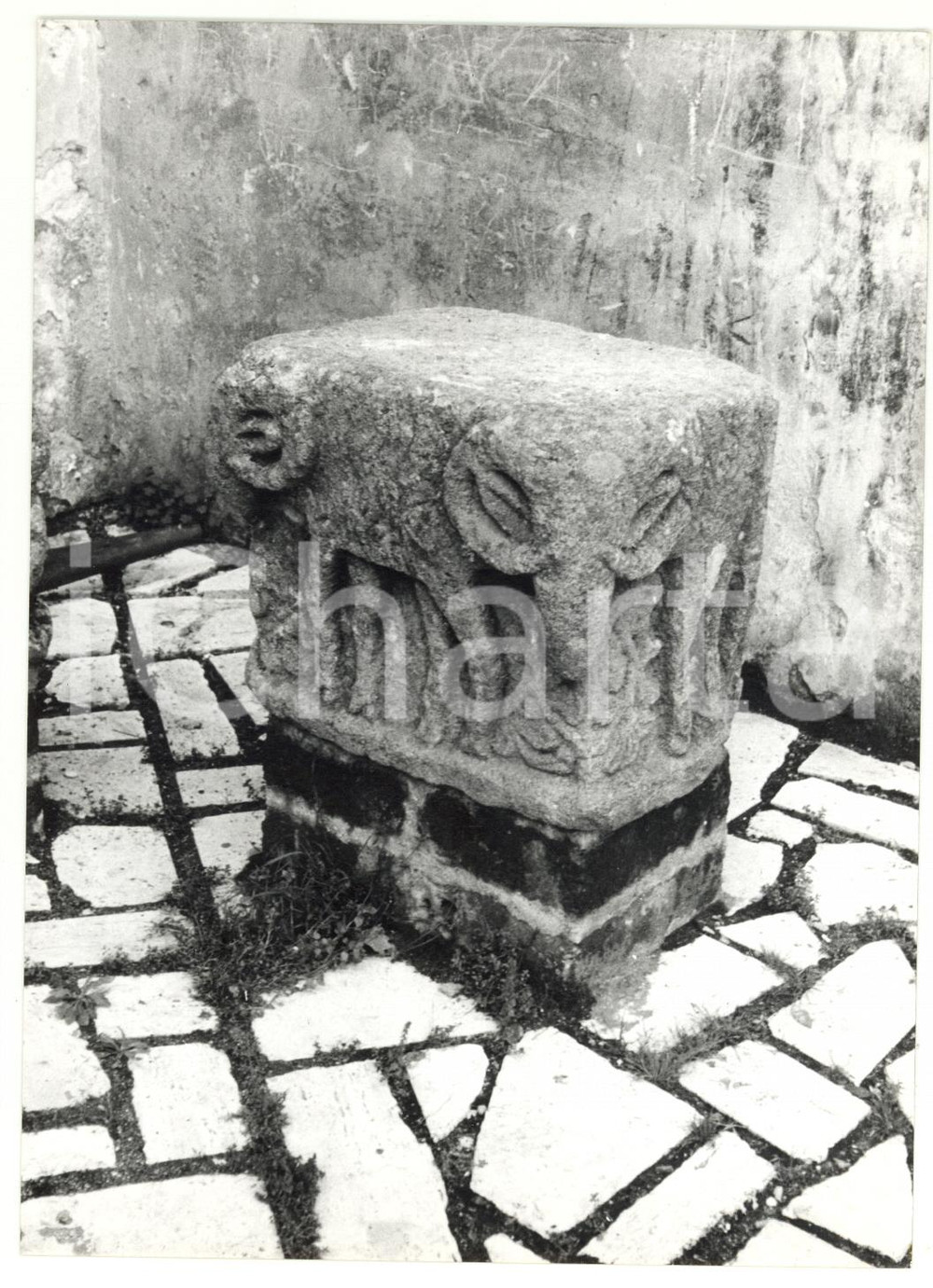 Fotografia d epoca originale 1982 TOLFA ROMA Rocca dei Frangipane  Altare in pietra con arieti Foto 13x18 1