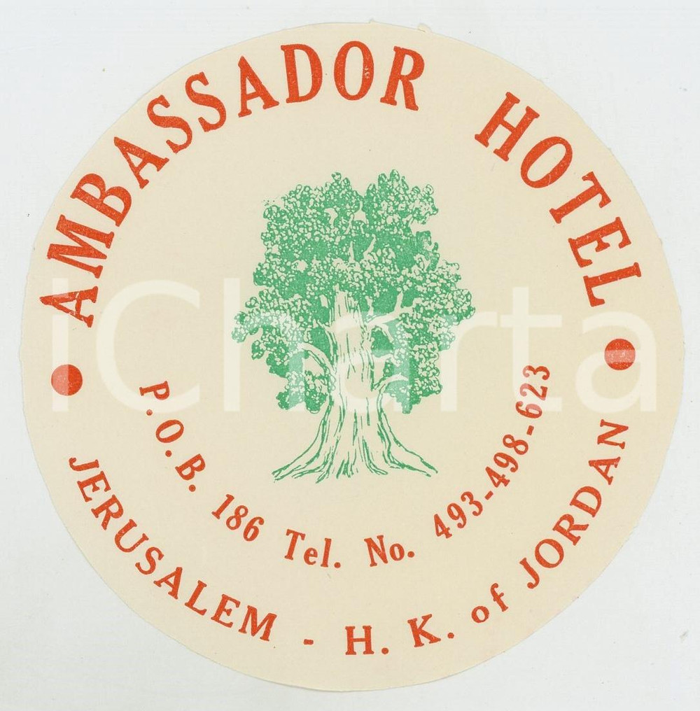 Materiale pubblicitario d’epoca 1950 ca JERUSALEM Ambassador Hotel   Etichetta ILLUSTRATA 12x9 cm 1 1