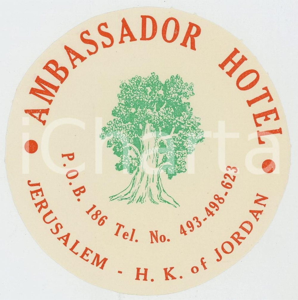 Materiale pubblicitario d’epoca 1950 ca JERUSALEM Ambassador Hotel   Etichetta ILLUSTRATA 12x9 cm 1