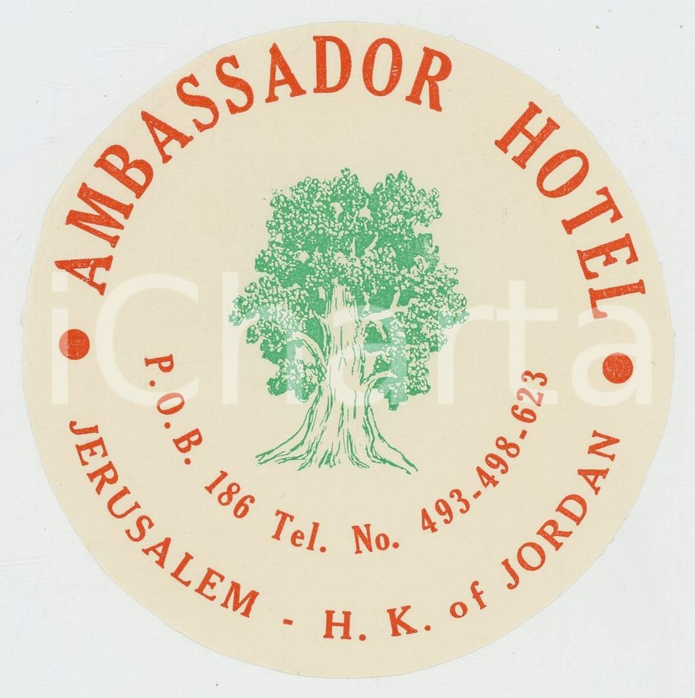Materiale pubblicitario d’epoca 1950 ca JERUSALEM Ambassador Hotel   Etichetta ILLUSTRATA 12x9 cm 2 1
