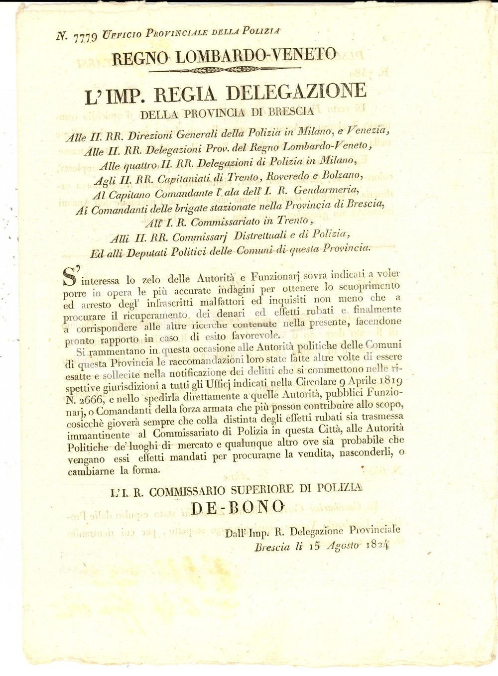 1824 REGNO LOMBARDO-VENETO BRESCIA Elenco dei malfattori da arrestare - RARO
