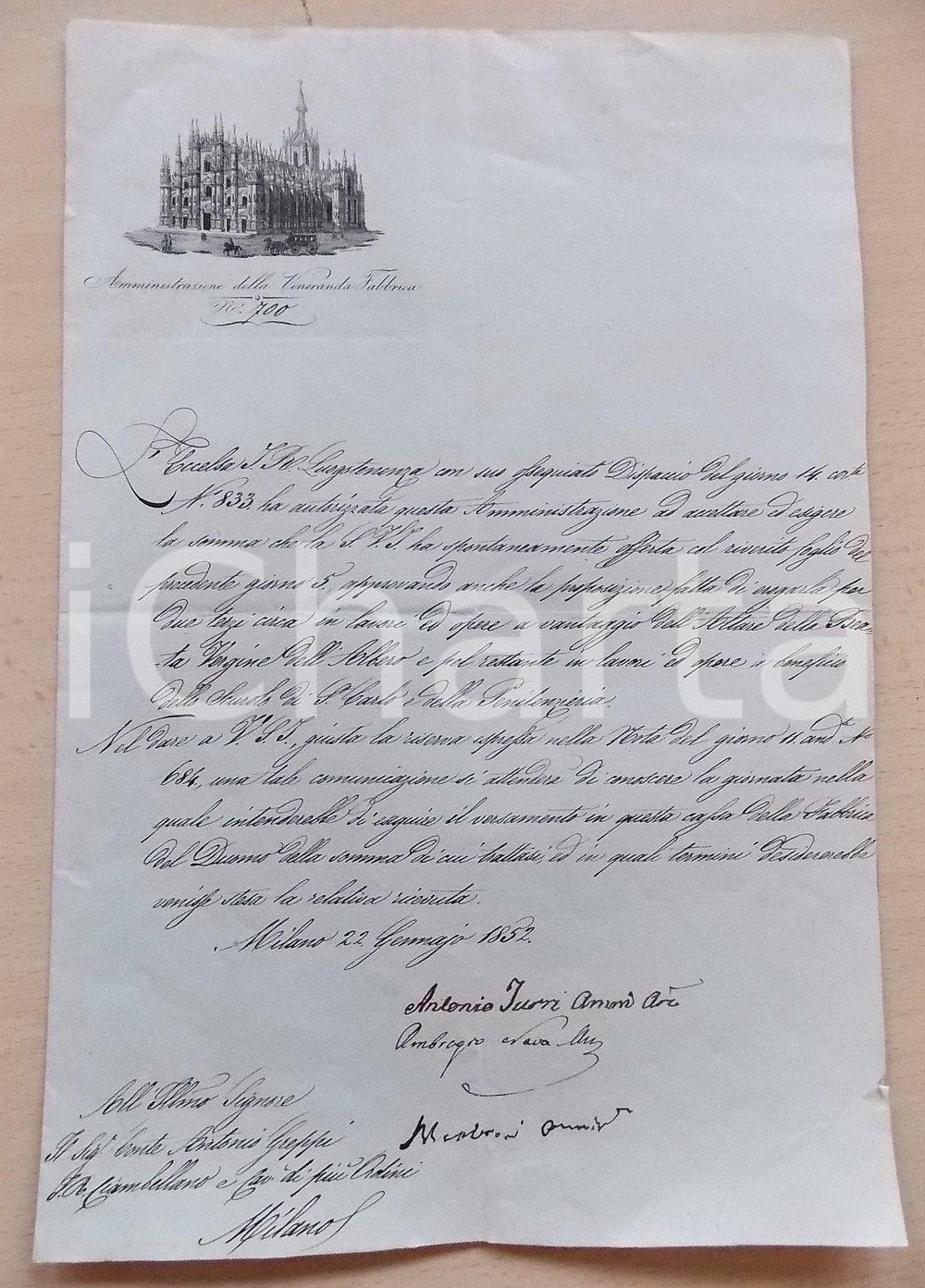 Documento originale, autentico 1852 MILANO Donazione conte GREPPI pro Scurolo di S. CARLO e Penitenzieria 1