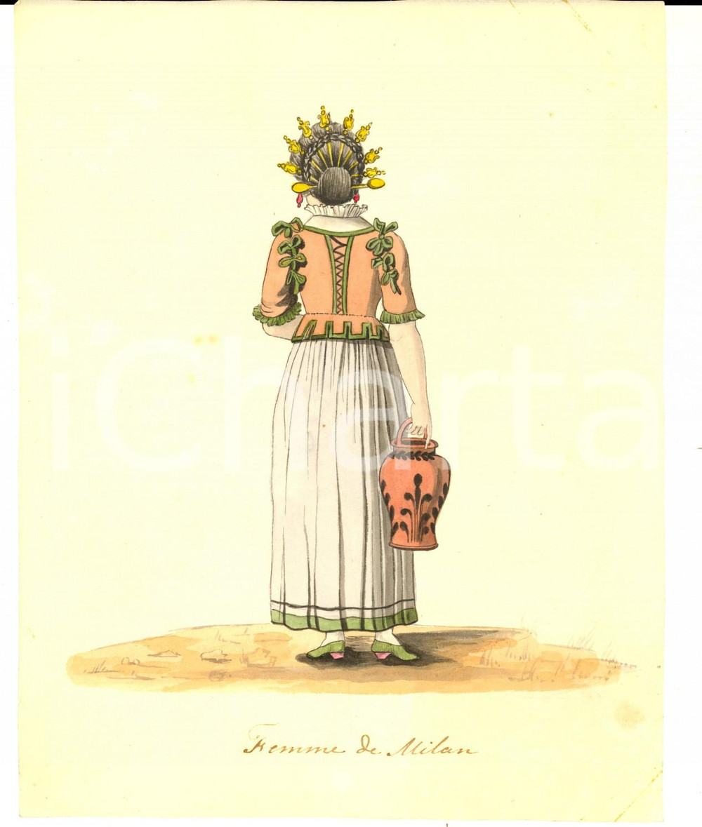 Opera d’arte autentica 1800 ca COSTUMI LOMBARDIA Donna di Milano con la brocca  Acquerello RARO 1