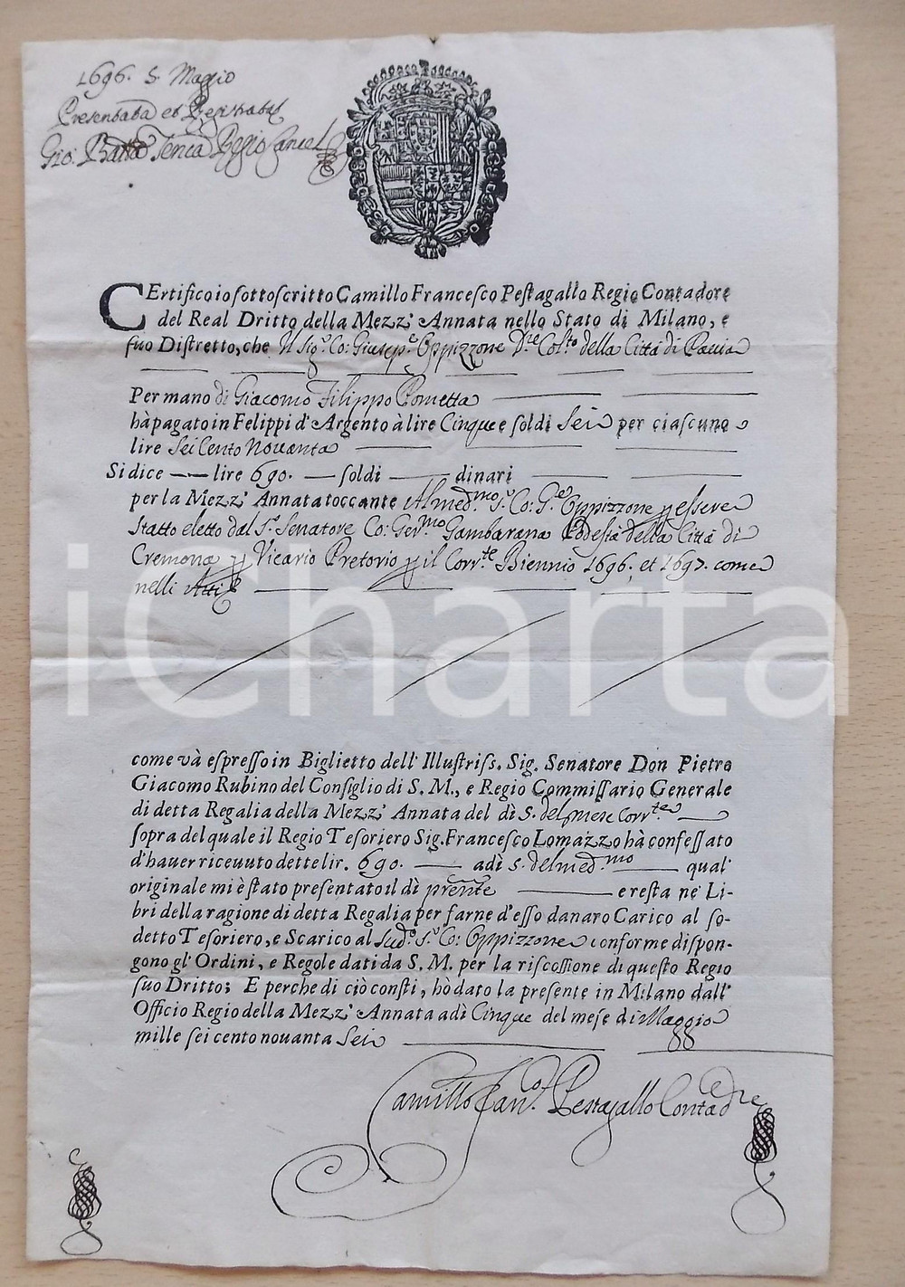 Documento originale, autentico 1696 CREMONA Ricevuta conte Giuseppe OPPIZZONI per mezz annata podestÃ  1