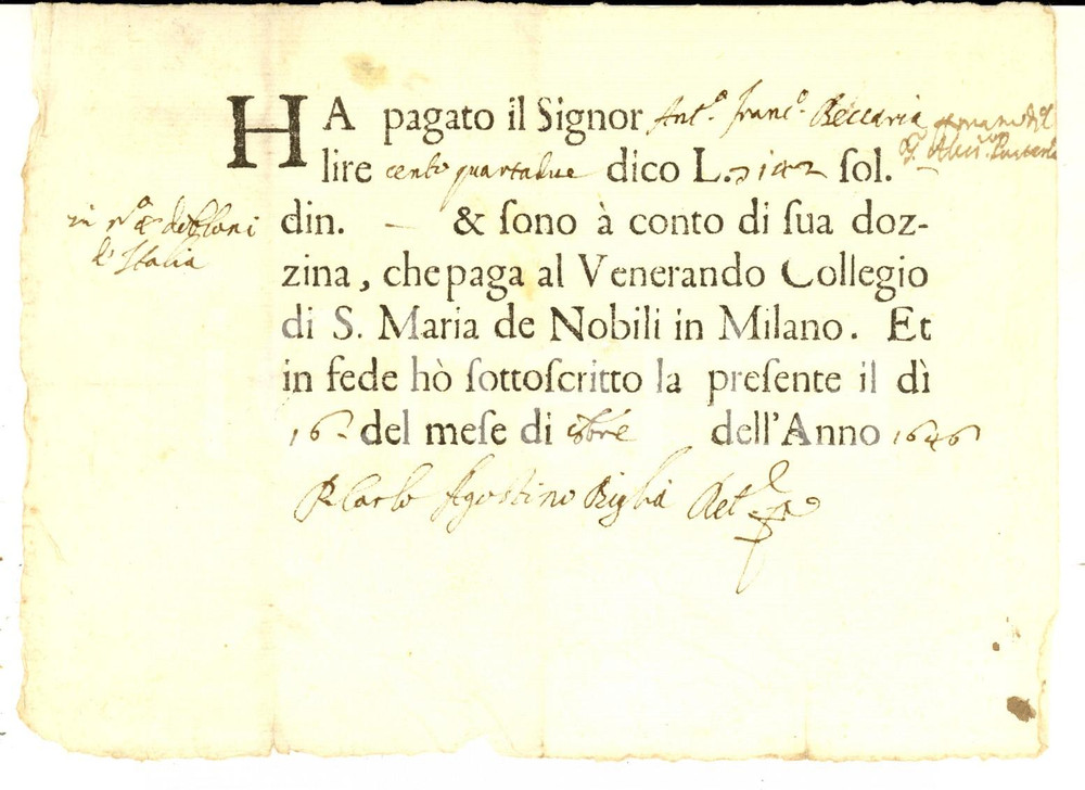 Documento originale, autentico 1646 MILANO Collegio S. Maria de  Nobili  Ricevuta Antonio Francesco BECCARIA 1