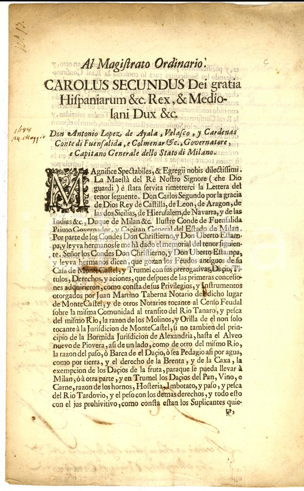 Documento originale, autentico 1688 STATO DI MILANO Conferma dei privilegi per dazi vino, pane, carne  Sigillo 1