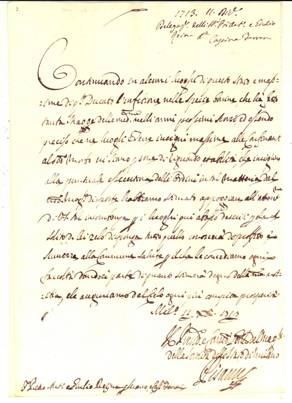 Documento originale, autentico 1713 MILANO PESTE BOVINA Antonio e Giulio REINA chiamati a tutela delle campagne 1