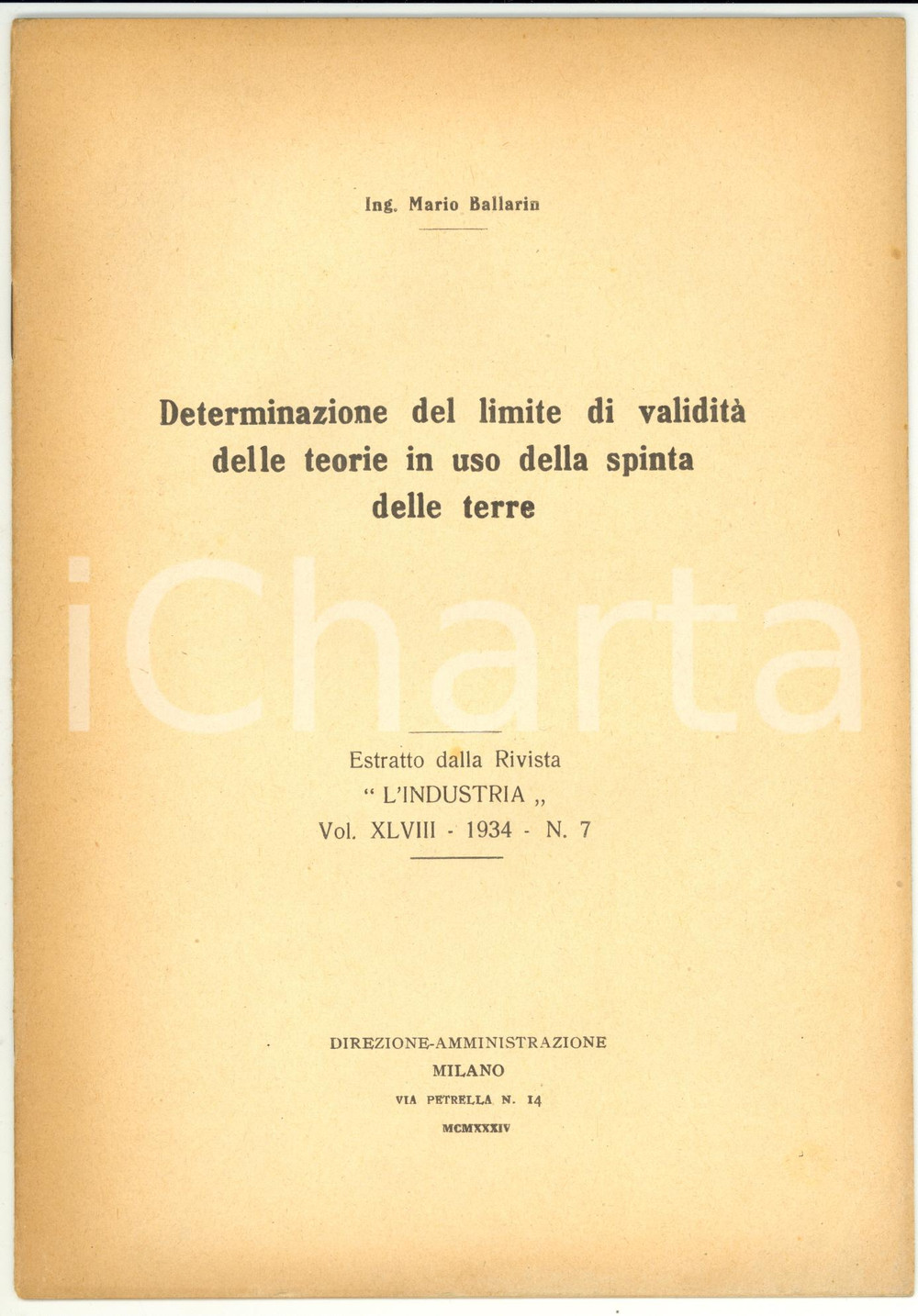 Libro, pubblicazione d epoca 1934 Mario BALLARIN Limite validità delle teorie in uso della spinta delle terre 1