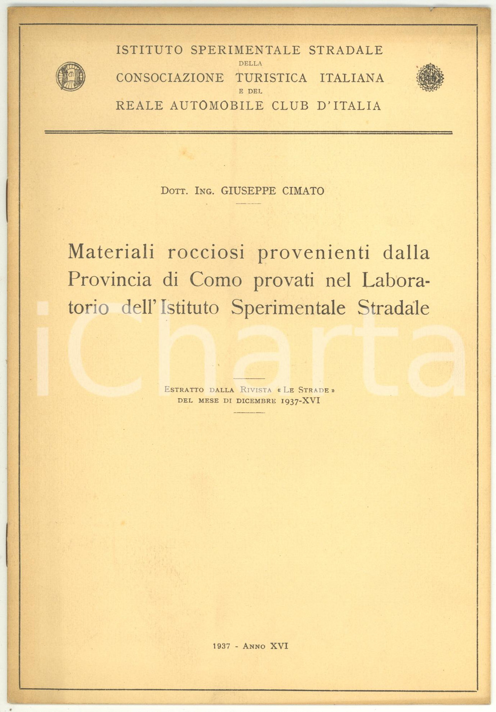 Libro, pubblicazione d epoca 1937 Giuseppe CIMATO Materiali rocciosi provenienti dalla provincia di Como 1