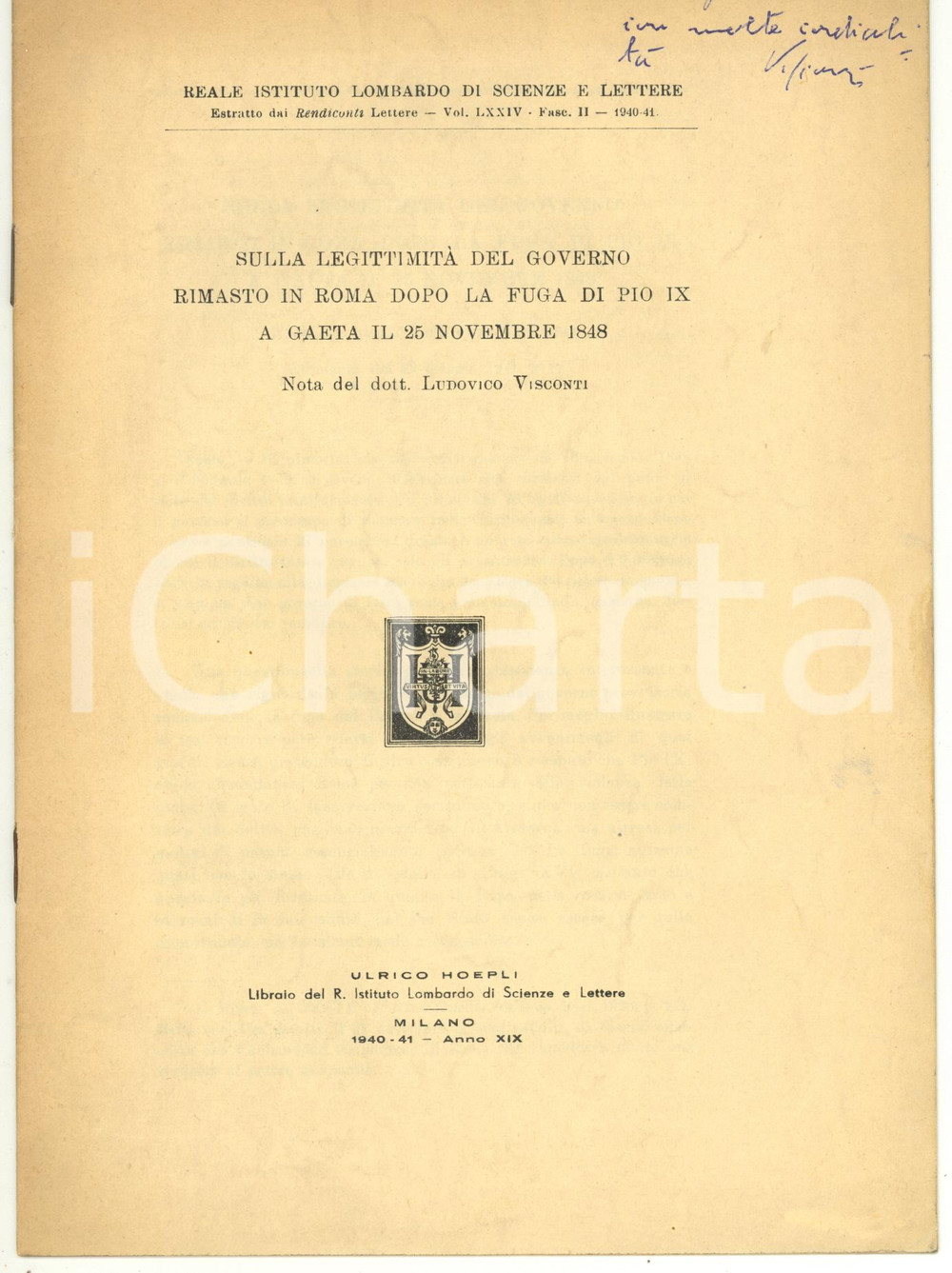 Libro, pubblicazione d epoca 1941 Ludovico VISCONTI LegittimitÃ  del governo dopo la fuga Pio IX  Autografo 1