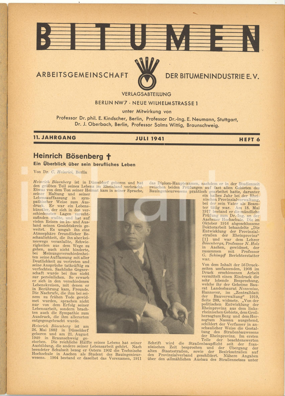 Giornale, rivista storica 1941 BERLIN BITUMEN Heinrich Bösenberg  Rivista anno 11 n°6  15 pp. 1