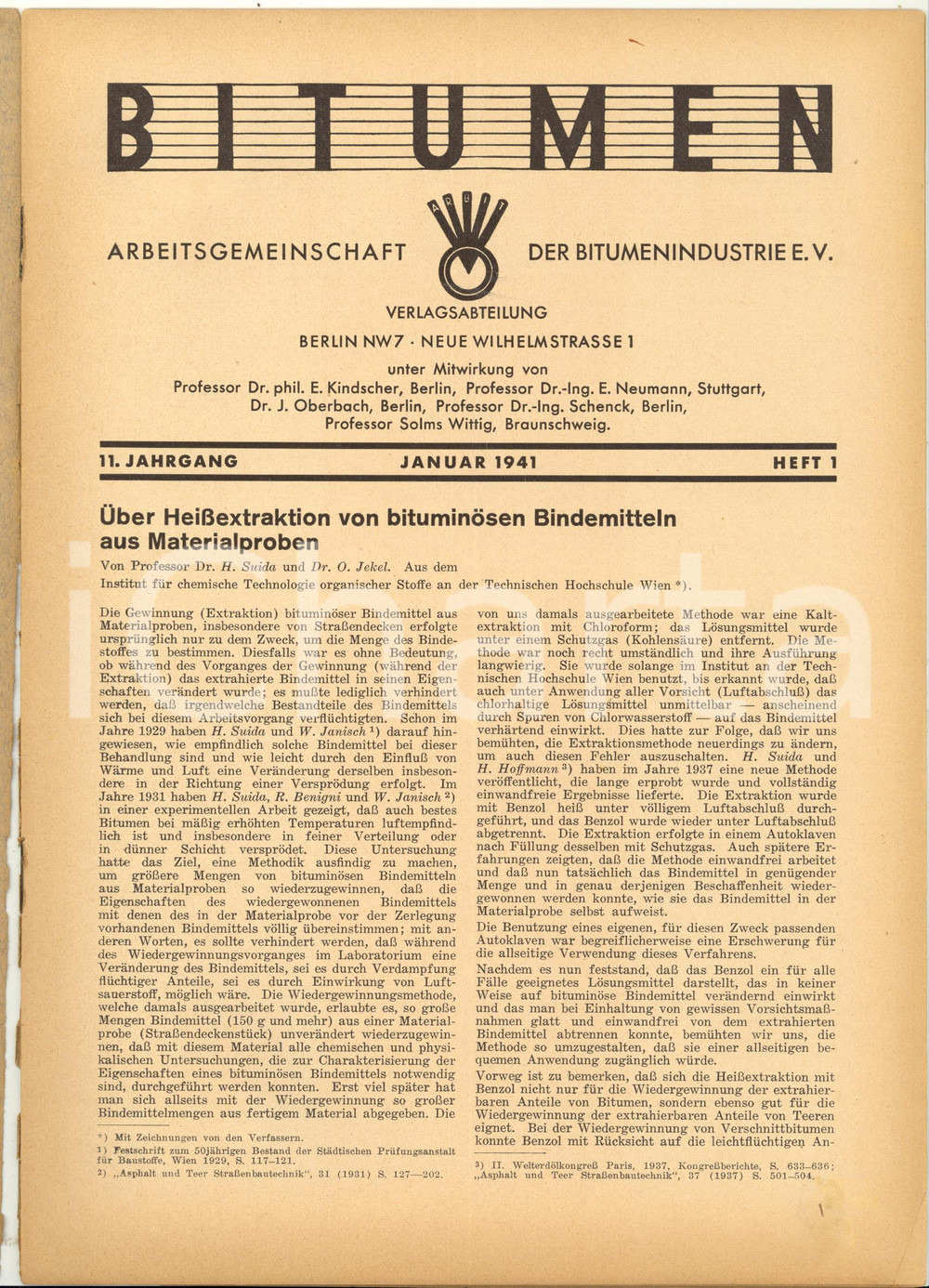 Giornale, rivista storica 1941 BERLIN BITUMEN Beitrag zur Wasserlagerungsprobe  Rivista anno 11 n. 1 1