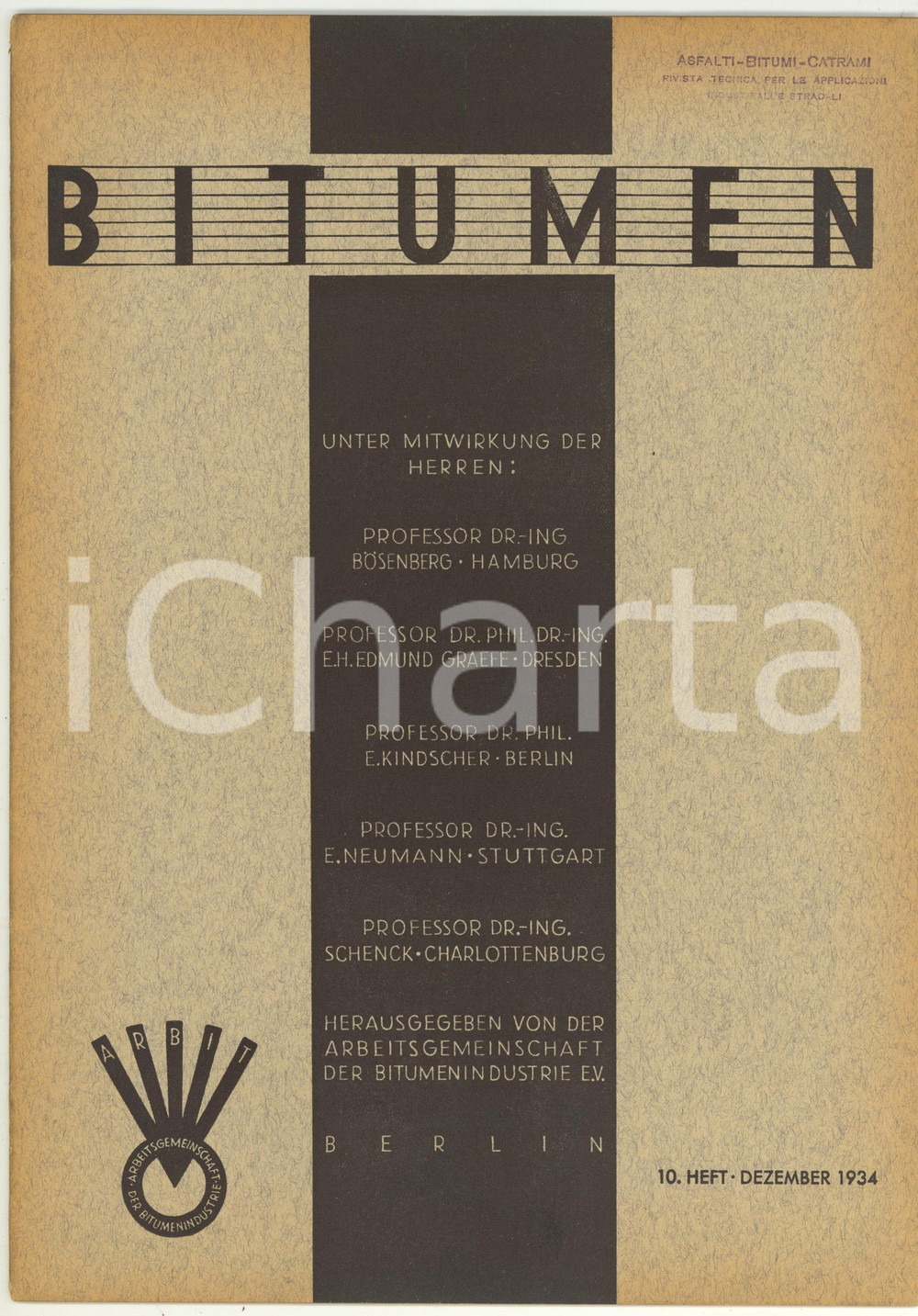 Giornale, rivista storica 1934 BITUMEN Strassendecken mit geformten Asphaltsteinen Rivista anno 4 n° 10 1