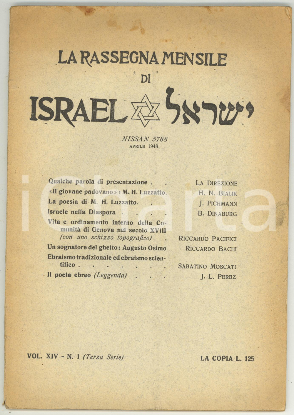 Libro, pubblicazione d epoca 1948 LA RASSEGNA MENSILE DI ISRAEL La poesia di MoshÃ© LUZZATTO  Vol. XIV nÂ° 1 1