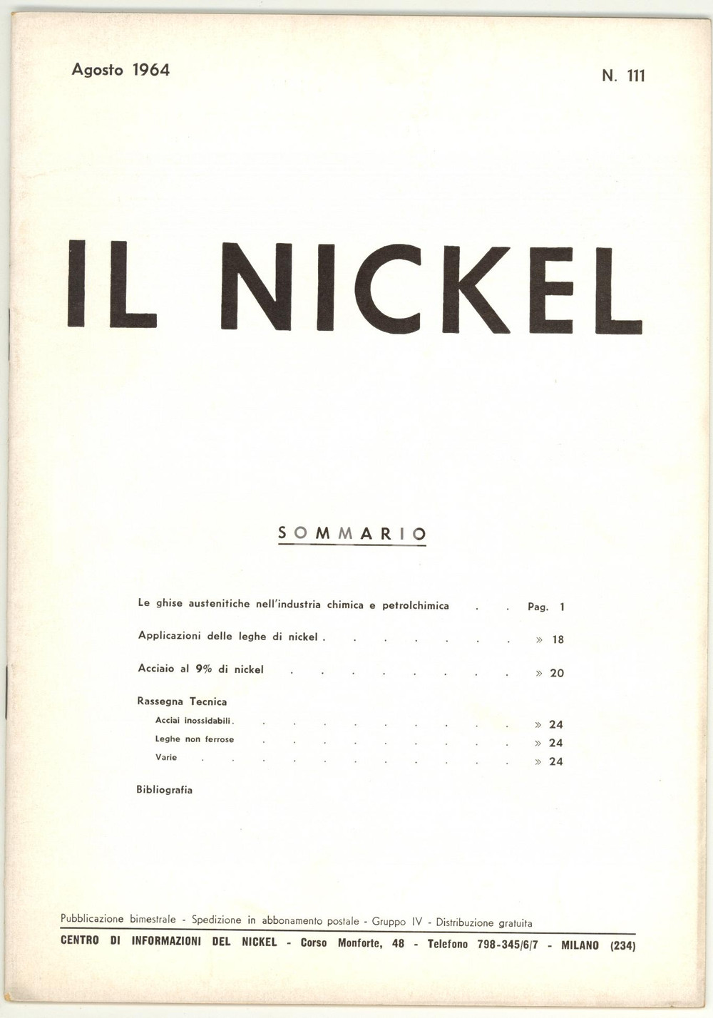 Giornale, rivista storica 1964 IL NICKEL Le ghise austenitiche nell industria chimica  Rivista nÂ° 111 1