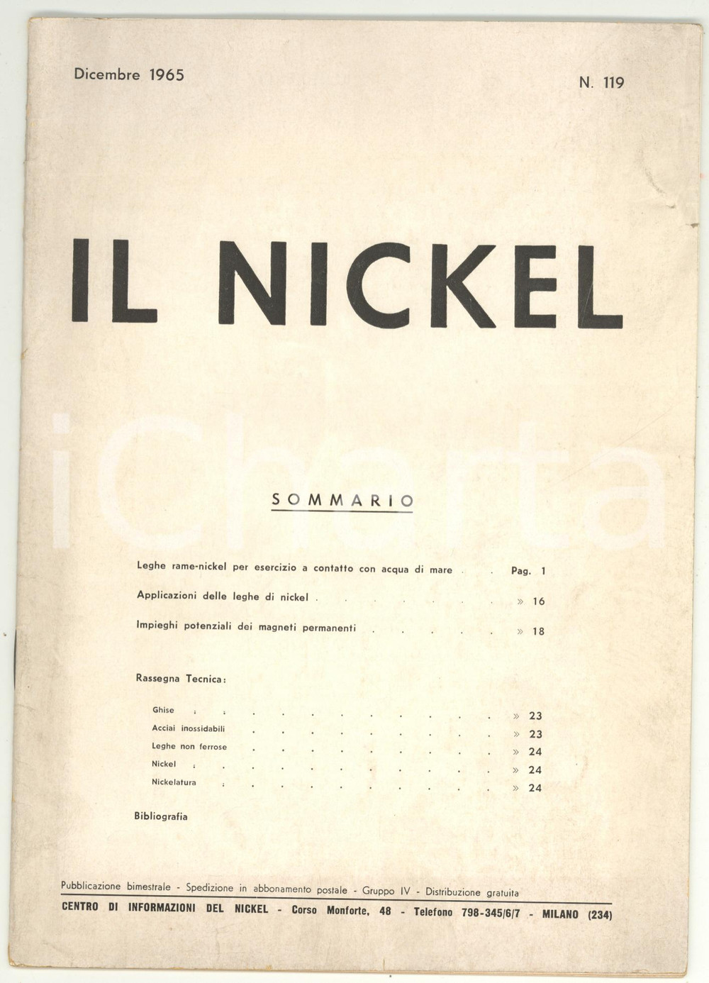 Giornale, rivista storica 1965 IL NICKEL Impieghi potenziali dei magneti permanenti  Rivista nÂ° 119 1