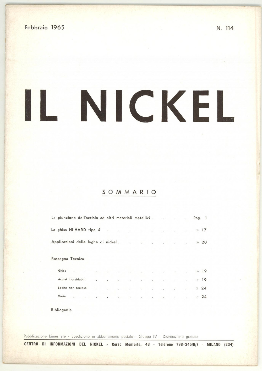 Giornale, rivista storica 1965 MILANO  IL NICKEL La ghisa NIHARD tipo 4  Rivista nÂ° 114 24 pp. 1
