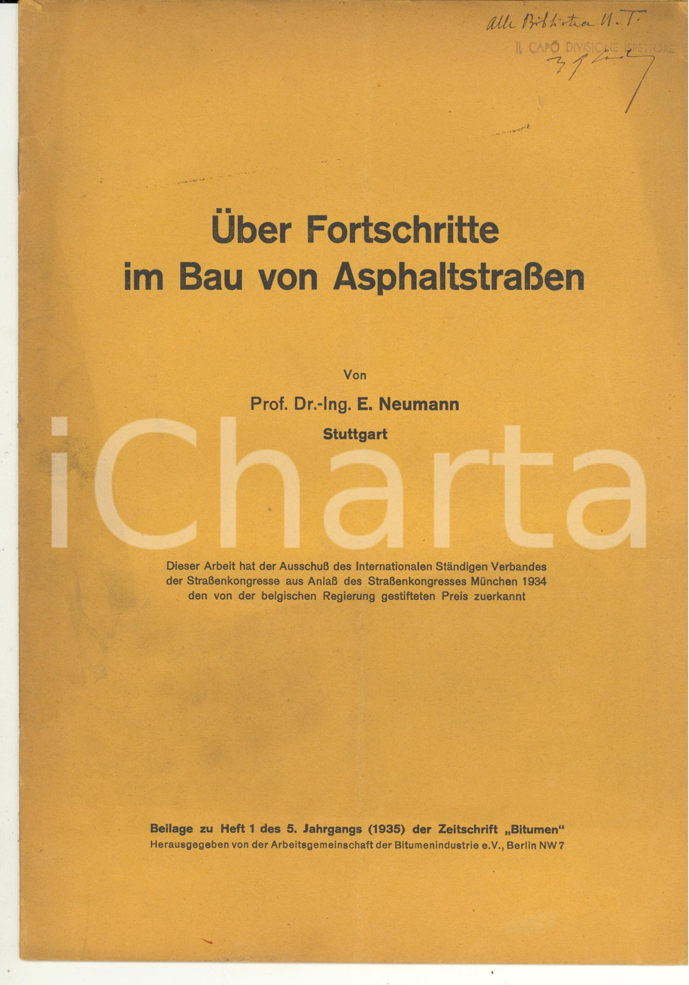 Libro, pubblicazione d epoca 1935 E. NEUMANN Ãœber Fortschritte im Bau von Asphaltstrassen Pubblicazione 1
