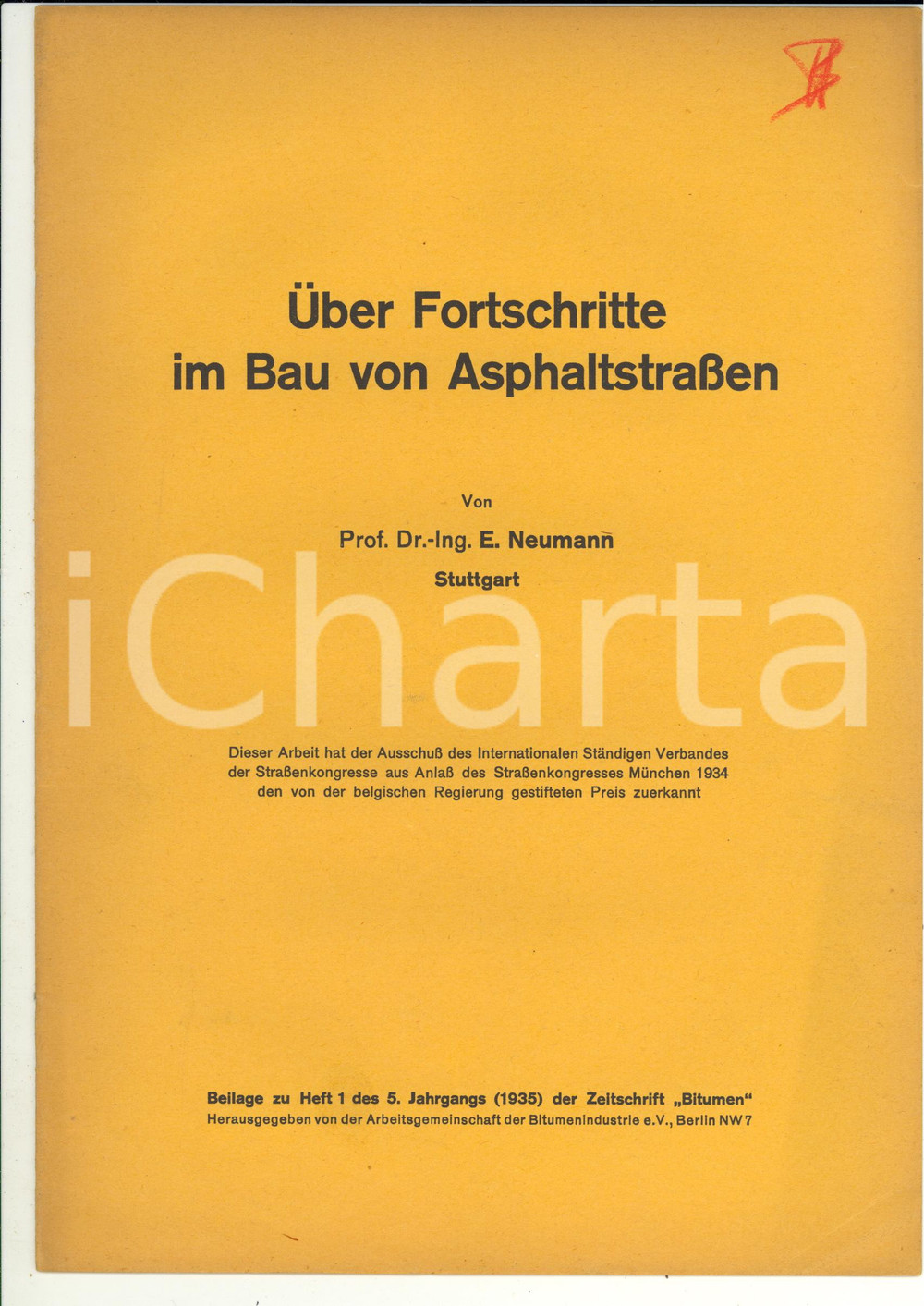 Libro, pubblicazione d epoca 1935 E. NEUMANN Ãœber Fortschritte im Bau von Asphaltstrassen  Pubblicazione 1