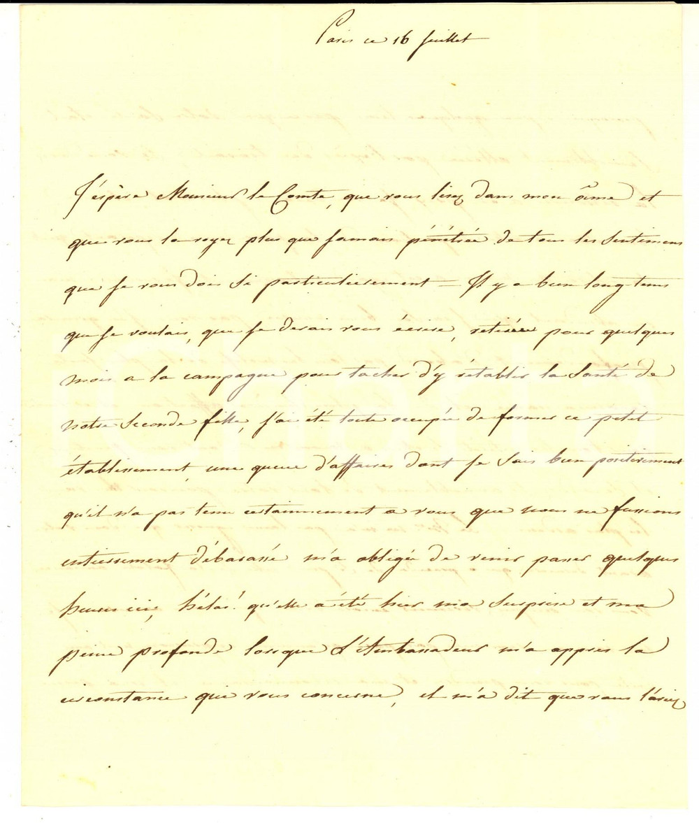 Autografo originale 1821 PARIS Pauline de la VAUGUYON al conte PICCONO DELLA VALLE in difficoltÃ  1