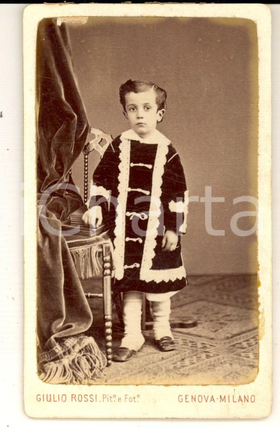 Fotografia d epoca originale 1880 ca MILANO Ritratto di Italo BRUNI bambino con abito ricamato  Foto CDV 1